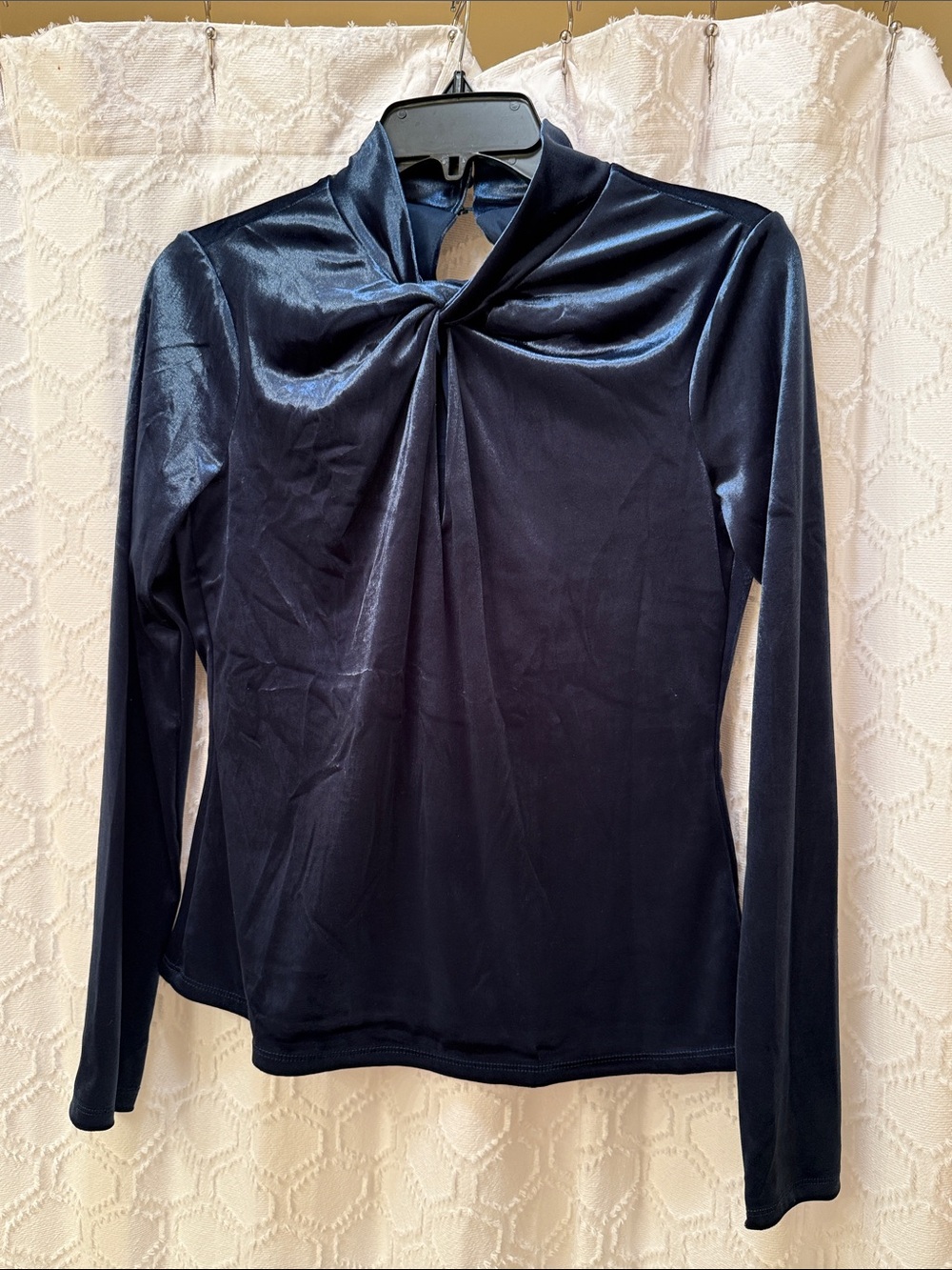 White House Black Market Navy Twist-Neck Velvet Long Sleeve Top